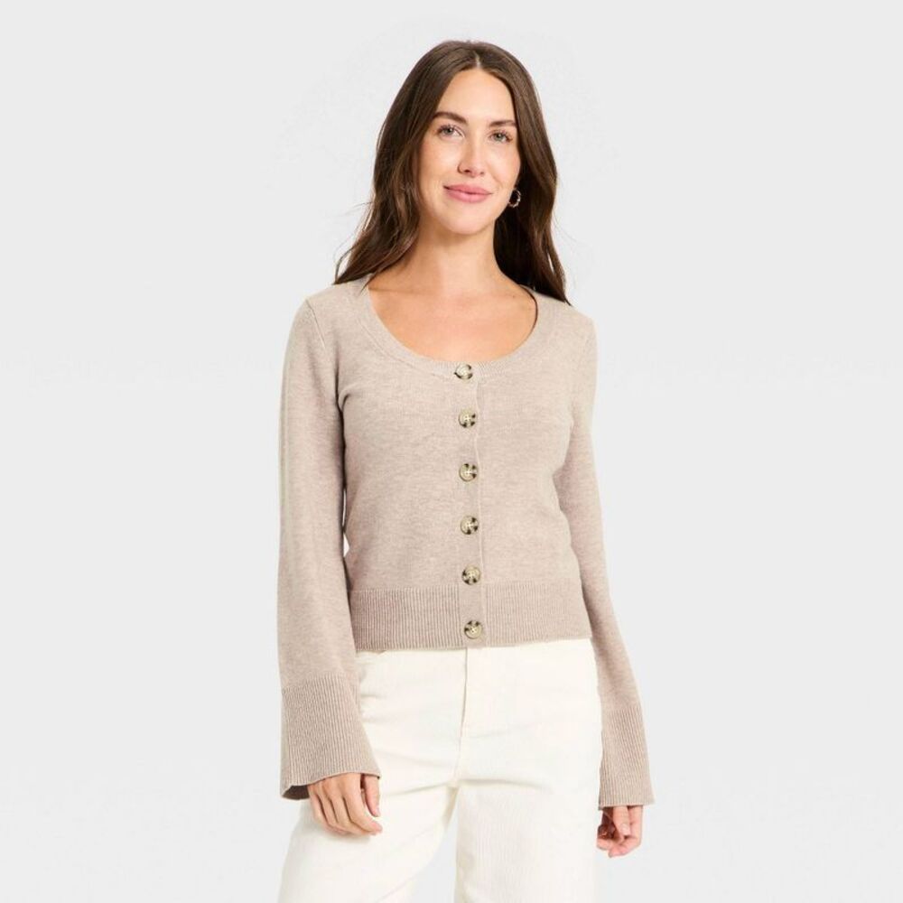 Open Box - Universal Thread - Women's Button-Down Scoop Neck Cardigan Beige